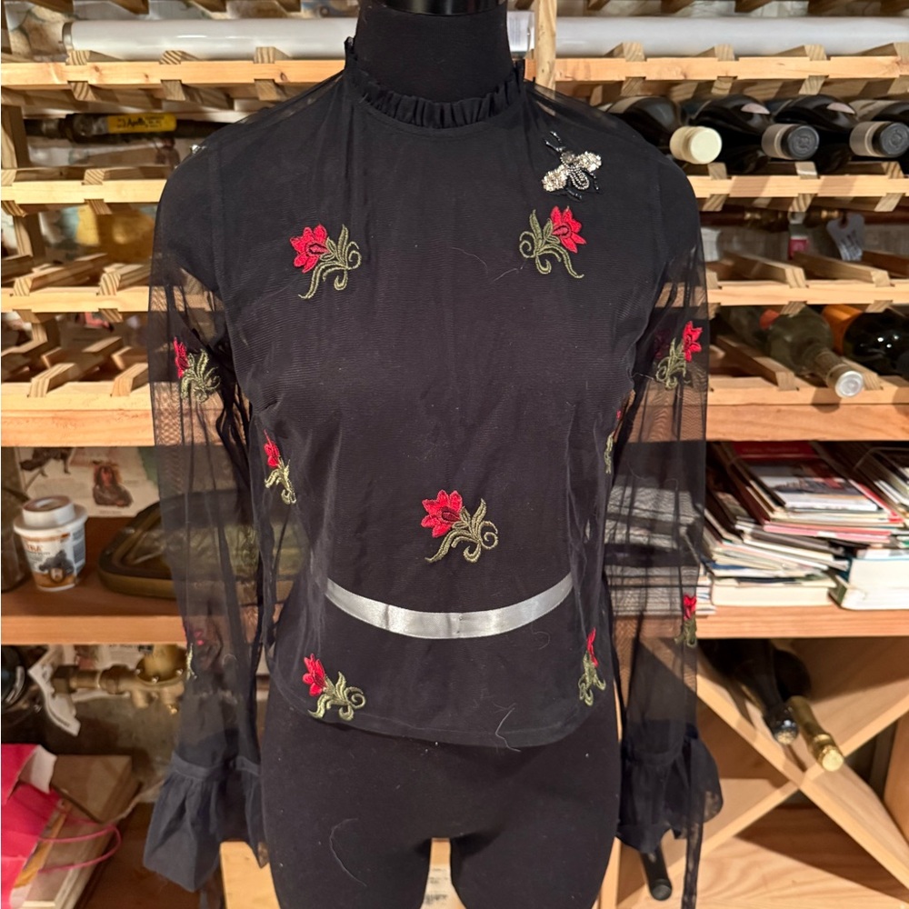 Forever 21 Black Sheer Mesh Floral Embroidered Beaded Bee‎ Top Ruffle Neck Small